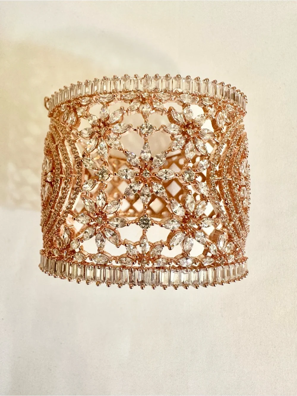 6.75” Rose Gold Plated Moissanite Filigree/Floral Wide Cuff Bracelet NWOT